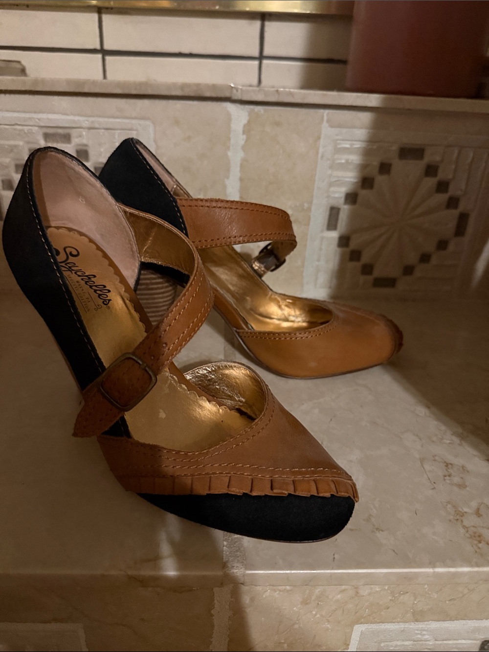 Seychelles Two-Tone Brown and Black Mary Jane Heels